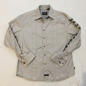 Fender Collab Rock & Roll Religion Mens Button Up Shirt Tan Long Sleeve L